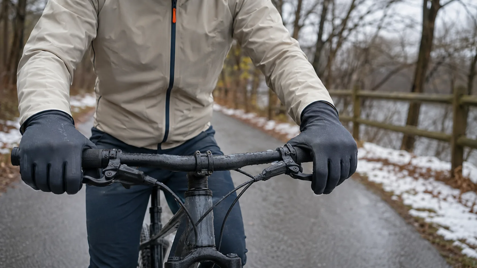 Close-fitting all-weather cycling gloves on a damp high-effort ride