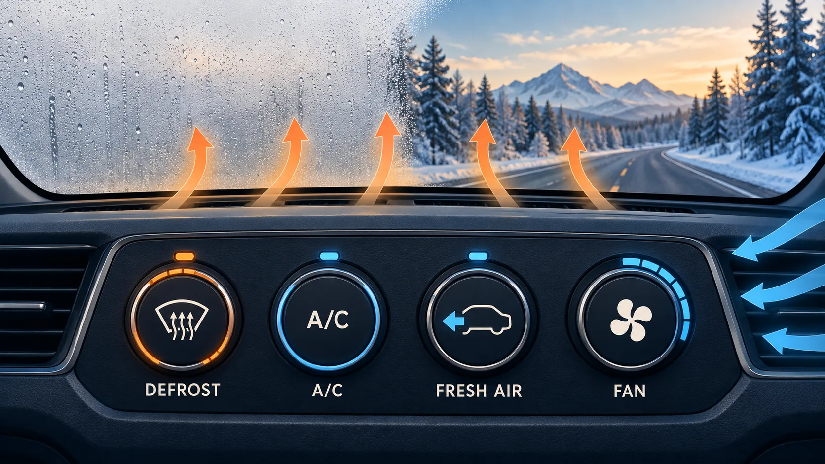 How Do You Defog a Windshield in Winter? Front defrost, air conditioning, fresh-air mode, and high fan controls send warm dry airflow toward a fogged windshield