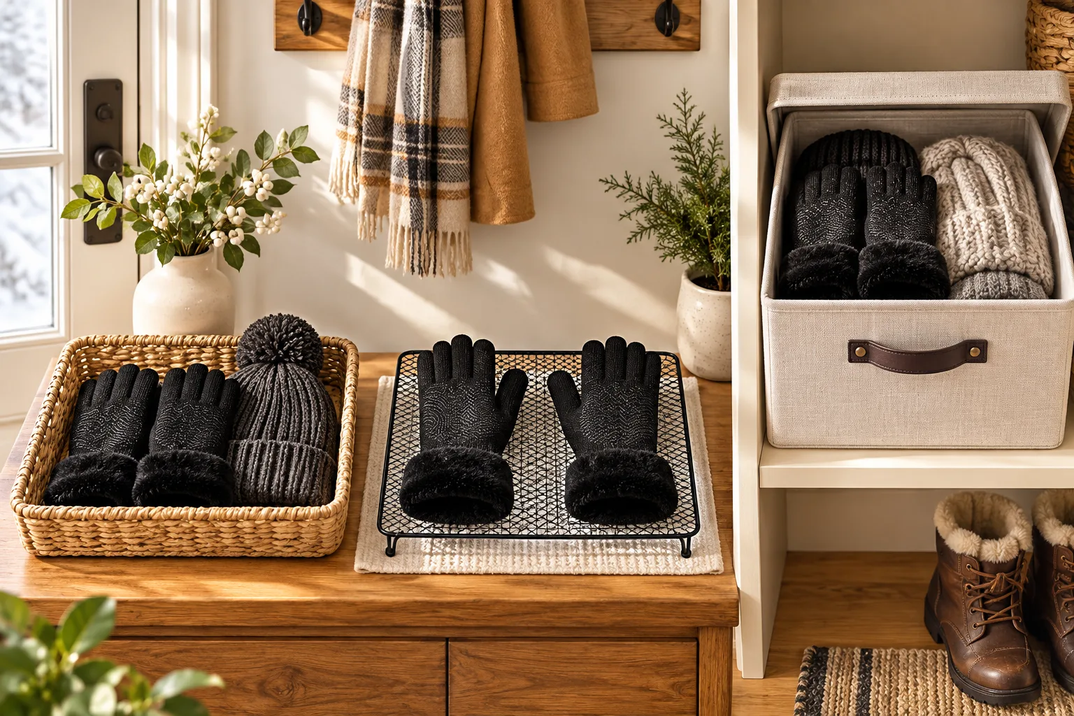 Entryway setup separates a dry daily-use basket, a ventilated glove drying rack, and a closed off-season storage bin