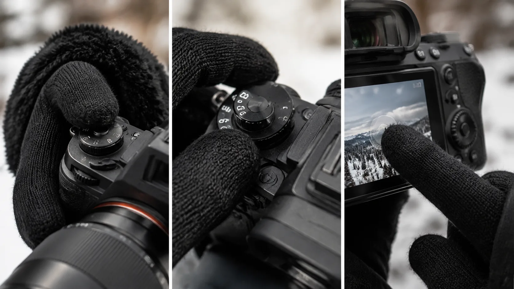 Three close-up panels of gloved hands using a shutter button, camera dial, and phone screen