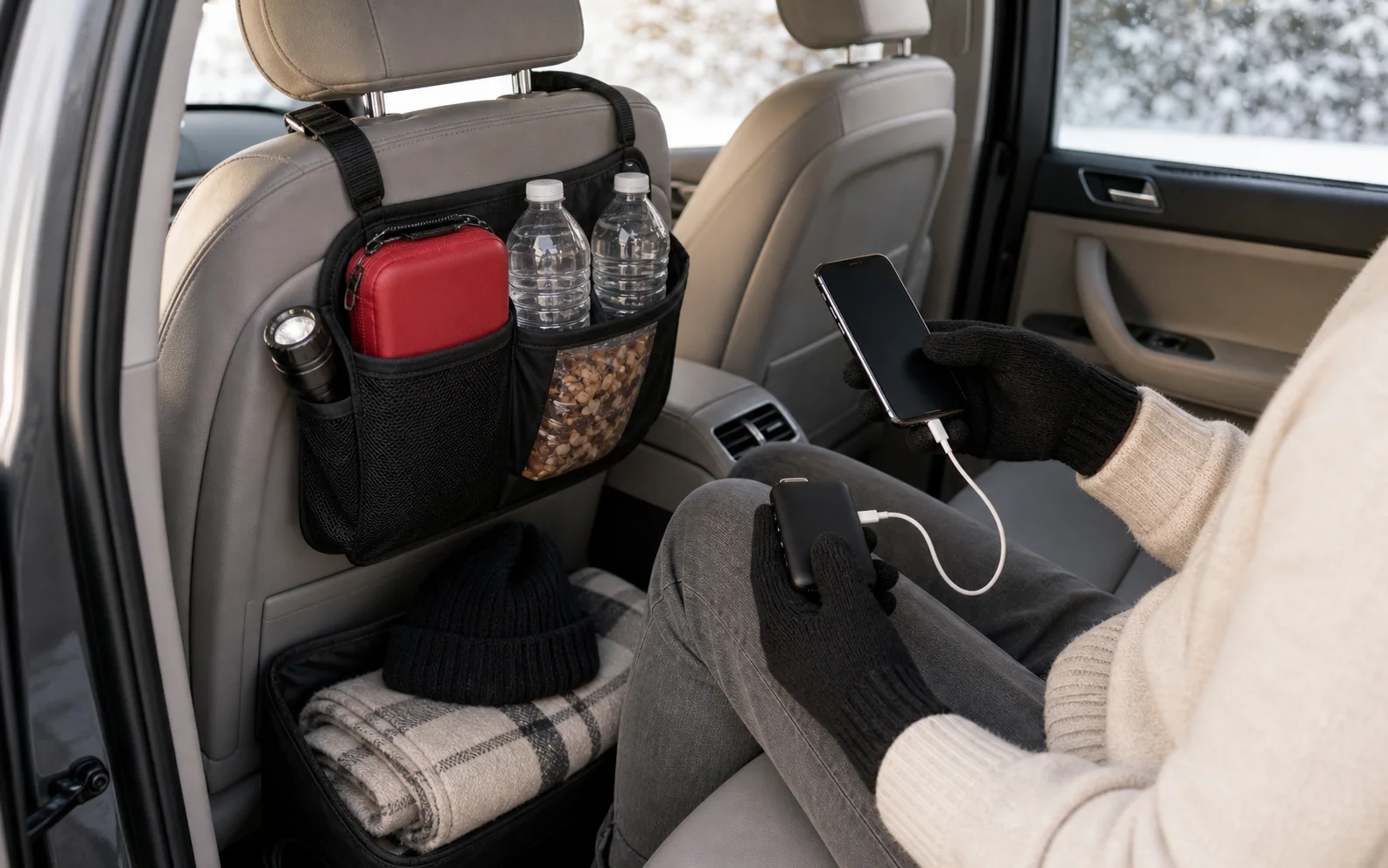 Winter emergency supplies stored inside a car cabin while a driver in black knit gloves charges a phone