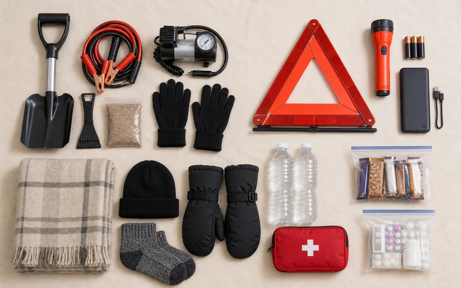 Winter car emergency kit essentials arranged with black knit gloves and insulated backup mittens