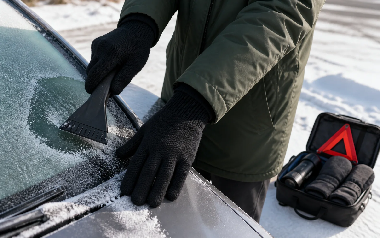 Driver in black knit gloves scrapes frost from a windshield beside an emergency bag with insulated mittens