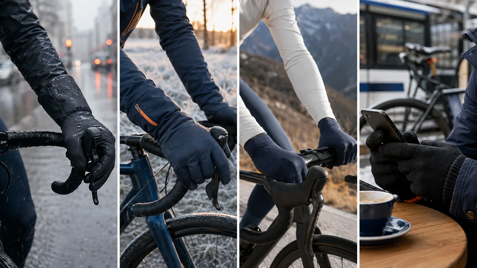 Four-panel winter cycling glove guide for wet, dry, high-output, and off-bike use