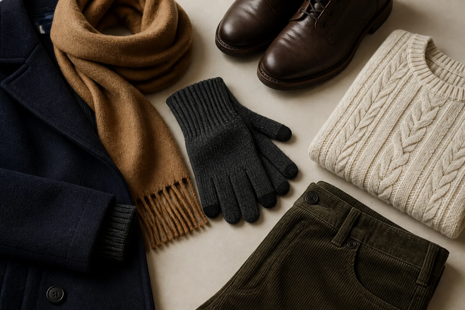 Flat lay of a navy coat, camel scarf, charcoal gloves, brown boots, cream sweater, and olive corduroy trousers