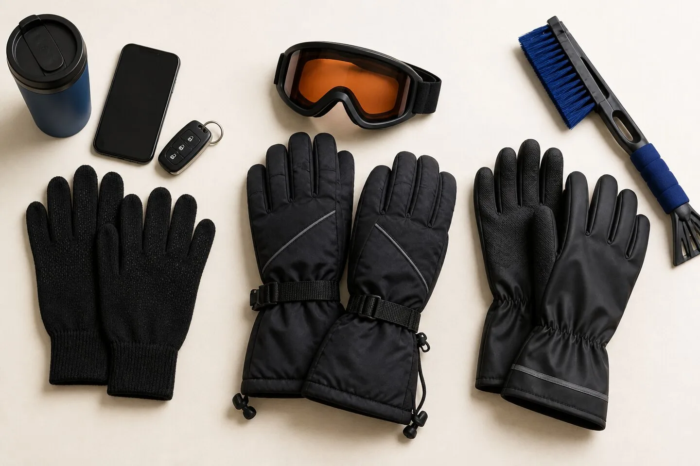 What Winter Gloves Make a Practical Gift for Men? Three glove types paired with everyday commuting, snow-sport, and wet outdoor chore items.