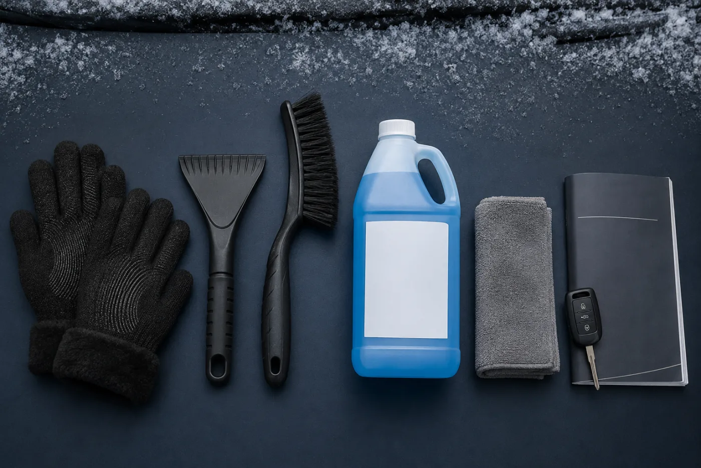 How Do You Remove Ice From a Windshield Safely? CozyGalar gloves, plastic ice scraper, snow brush, winter washer fluid, cloth, key, and vehicle manual arranged on a bench